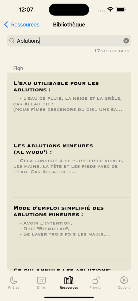 Interface of the Prayer Aid app library showing search results for ablutions and religious guidance in French.