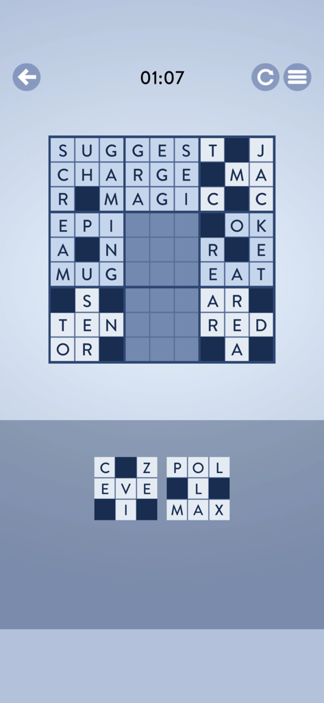 Word Mosaic - A word puzzle grid in the Word Mosaic game with letters and tile blocks