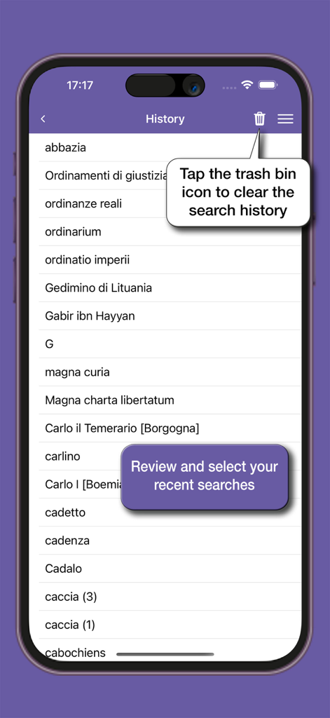 Search history interface of the le Garzantine Medioevo app showing a list of recent historical terms
