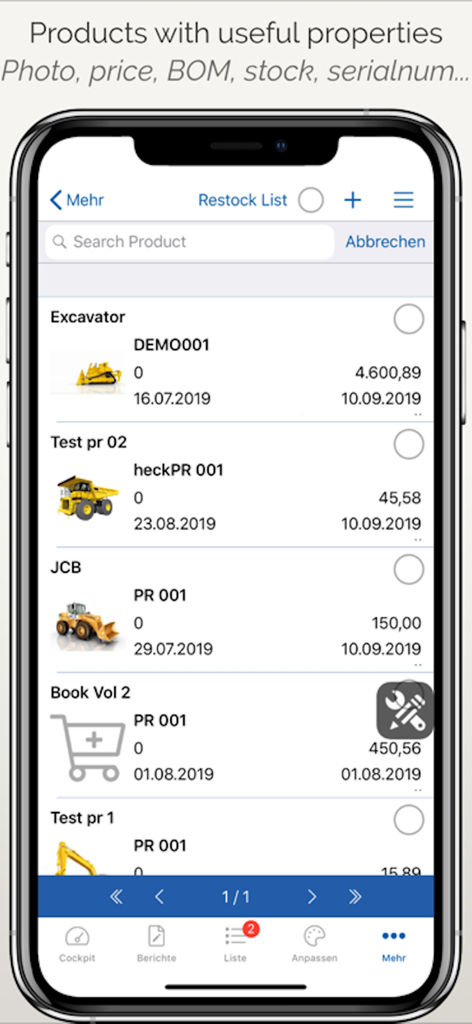 iReport Business - フィールドプロフェッショナルのための製品カタログと在庫補充リストを表示するモバイルアプリインターフェイス。機器の写真と価格が表示されています