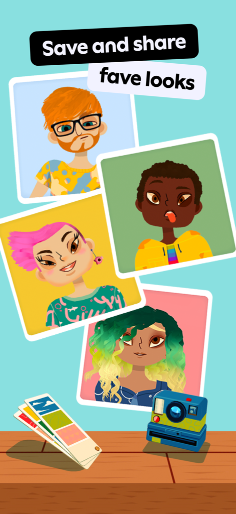 Quattro ritratti di personaggi e una macchina fotografica giocattolo da Toca Boca Hair Salon 4