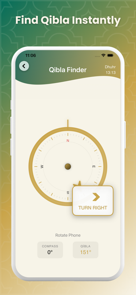Ikra: Quran, Prayer and Dhikr - Ikraアプリのデジタルコンパスインターフェース。キブラへの方向が表示されています。