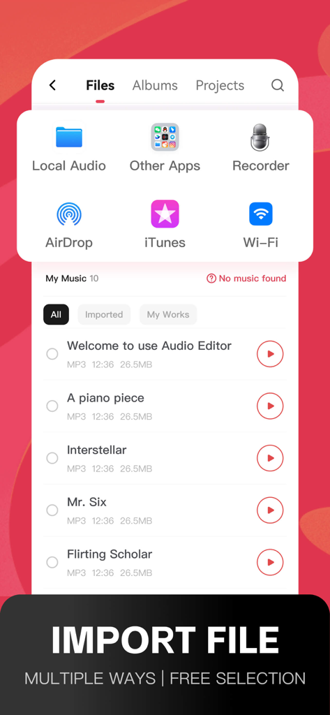 Audio Editor app interface showing multiple ways to import audio files including AirDrop and Wi-Fi transfer