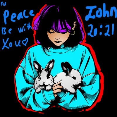 realistic girl with messy bunny baggy sweatshirt and holding bunnies