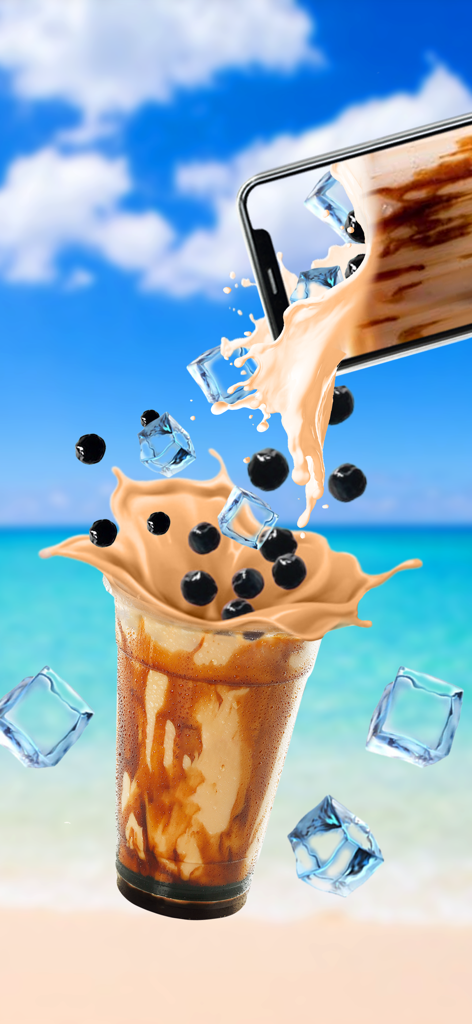 Boba Tea DIY: Tasty Recipe - A virtual boba tea drink being poured from a smartphone screen into a glass with ice and pearls against a tropical beach background