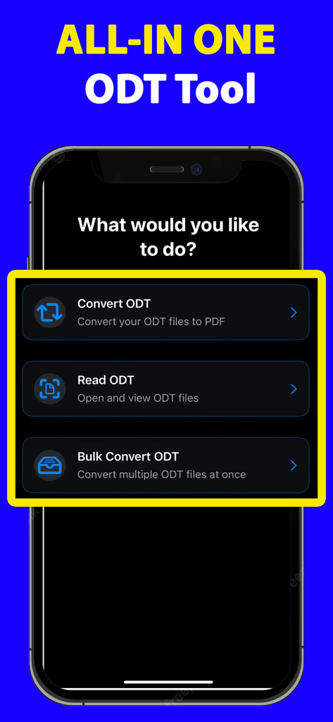 Schermata principale dell'app ODT Converter con opzioni per convertire, leggere e convertire in batch file ODT su un iPhone