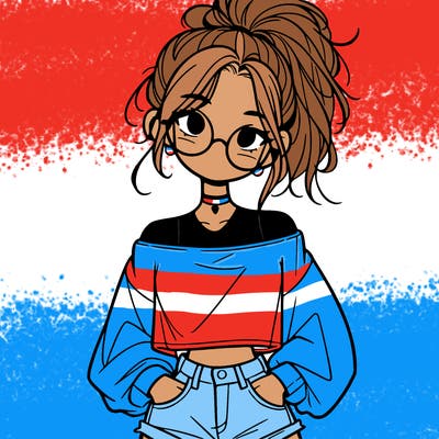 girl with a messy ponytail glasses a baggy crop top and jean shorts