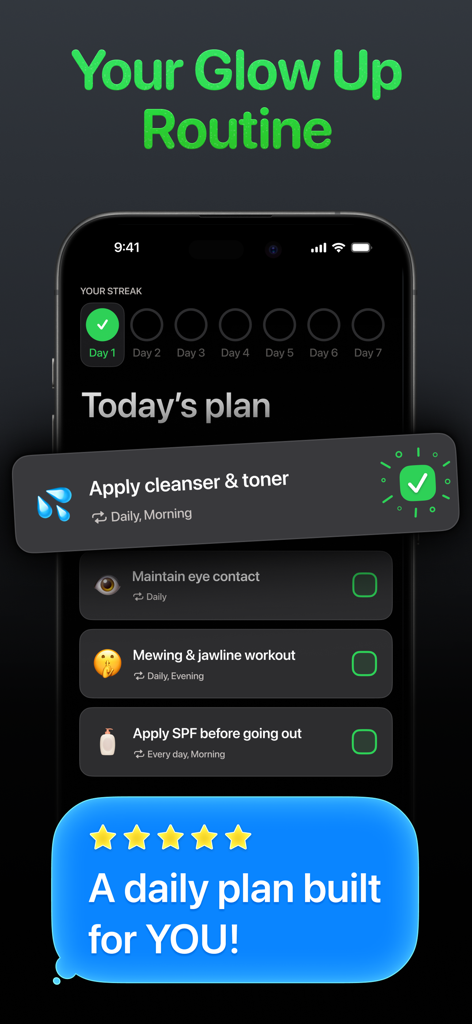 A smartphone screen showing a personalized daily glow up routine with skincare and jawline exercise tasks