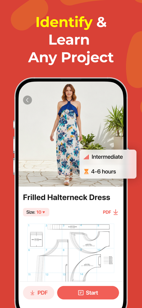 SewPal - Sewing Guides & Ideas - Schermata dell'app SewPal che mostra un progetto di abito floreale e il suo cartamodello digitale