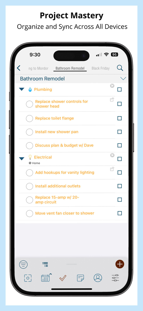 Pocket Informant app project management screen showing a detailed task list for a bathroom remodel
