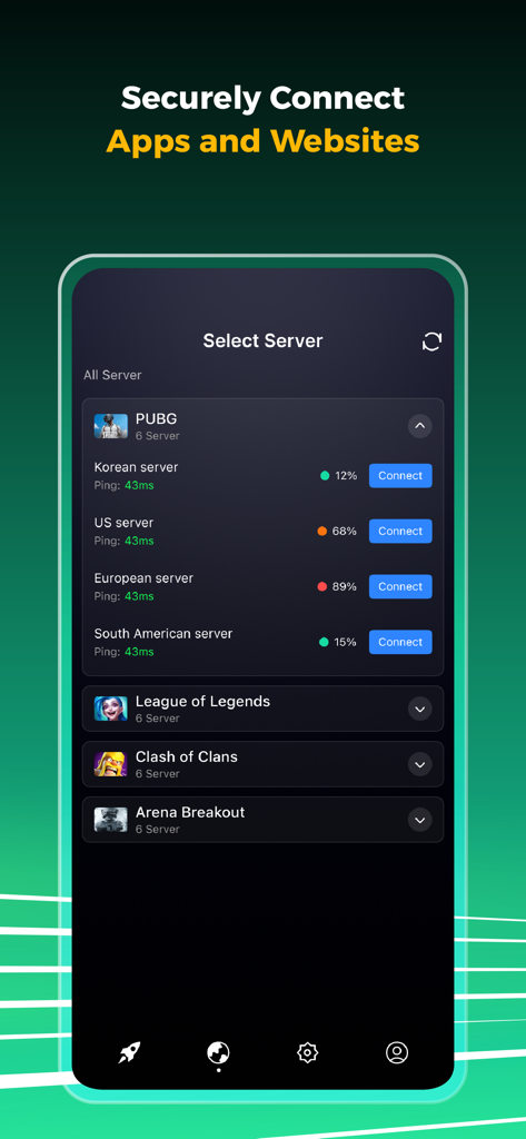 BOOST VPN app interface showing a list of optimized global servers for mobile games like PUBG and League of Legends