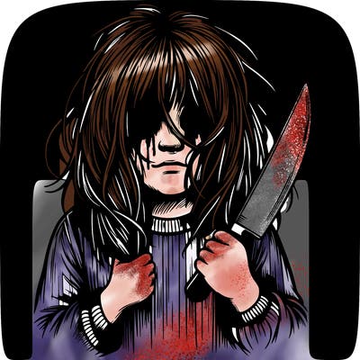 scary realistic girl holding a knife and hair covering her face