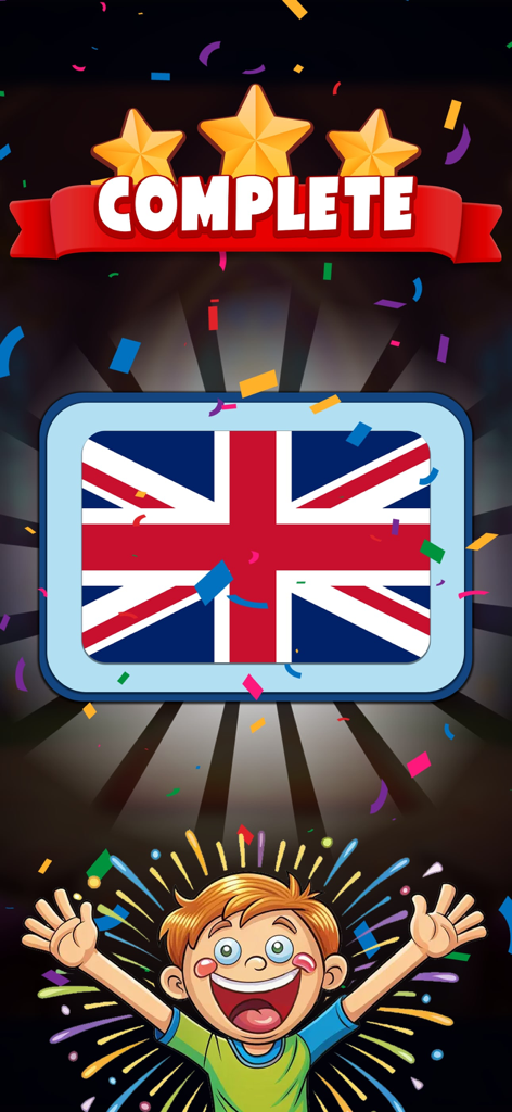 Flag Coloring Puzzle Games - A completed United Kingdom flag with a happy cartoon boy celebrating in the Flag Coloring Puzzle game