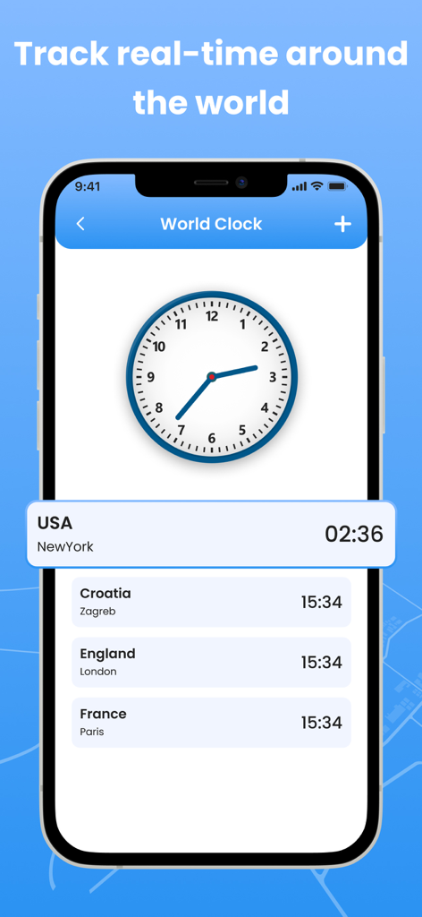 World clock screen showing current times for international cities in the GPS navigation app