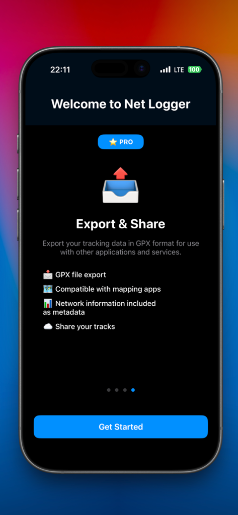 Net-Logger - Net-Logger app onboarding screen highlighting the Pro GPX export and network metadata sharing features.