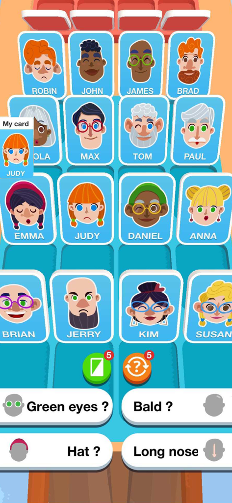 Guess It 3D - Guess It 3D Spielbildschirm, der ein Brett mit Cartoon-Charakteren und Fragen zu Merkmalen für deduktives Denken zeigt.