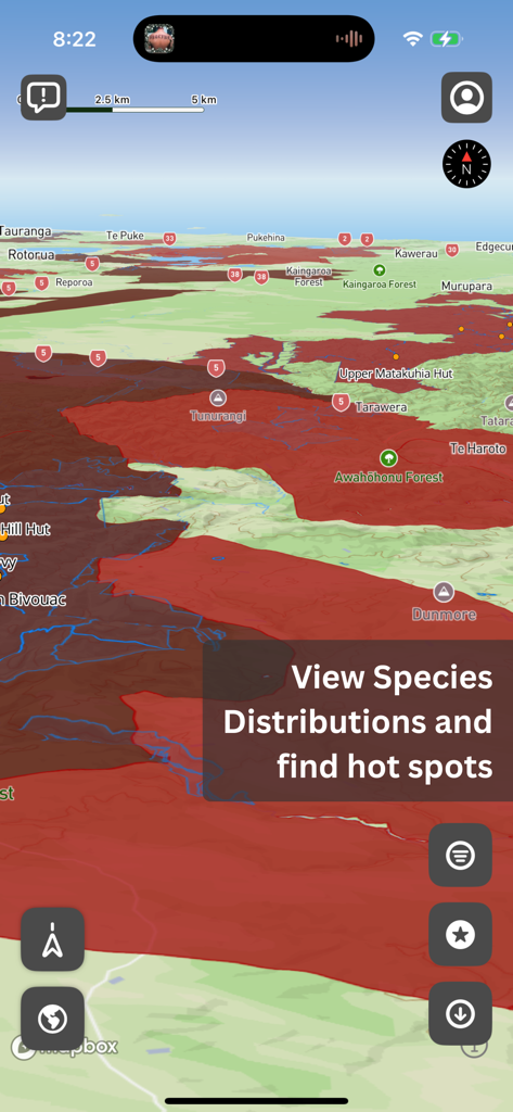 WildVision app showing species distribution and hunting hot spots on a 3D topographic map