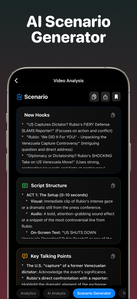 Trendsee: Go Viral - Trendsee app interface showing AI generated video hooks and script structure for social media content creation