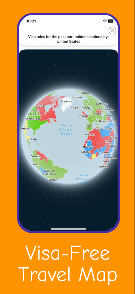 Nomad: Smart Travel Assistant - A 3D interactive globe showing visa-free travel destinations for US passport holders in the Nomad app.