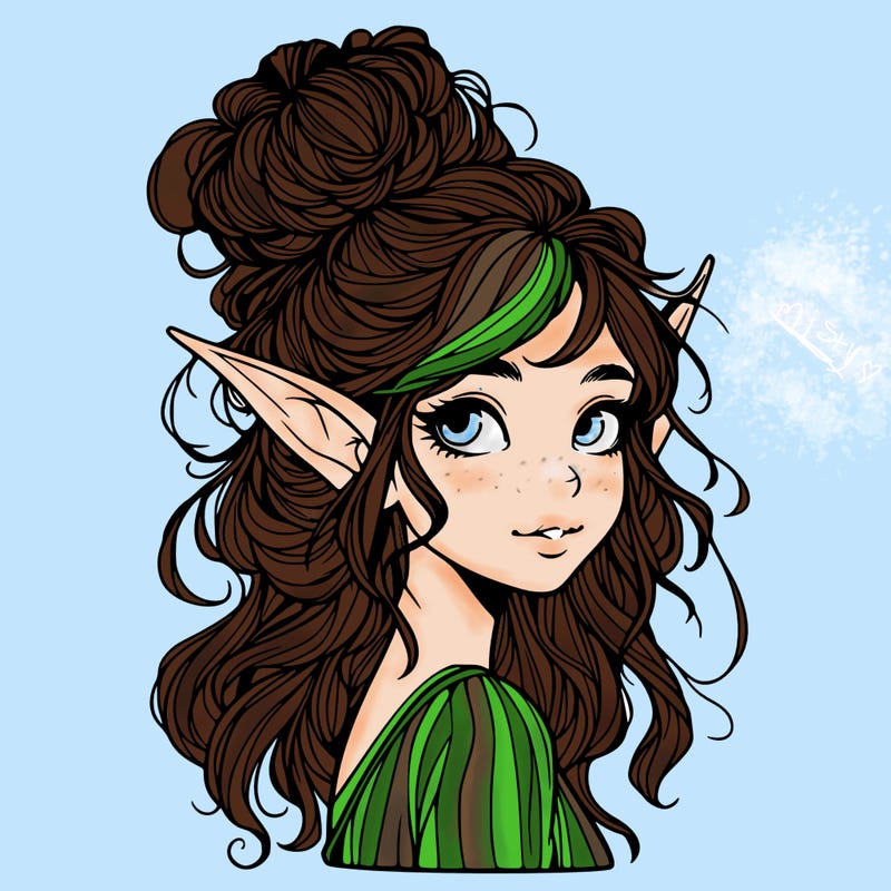 magical realistic elf girl with a messy bun