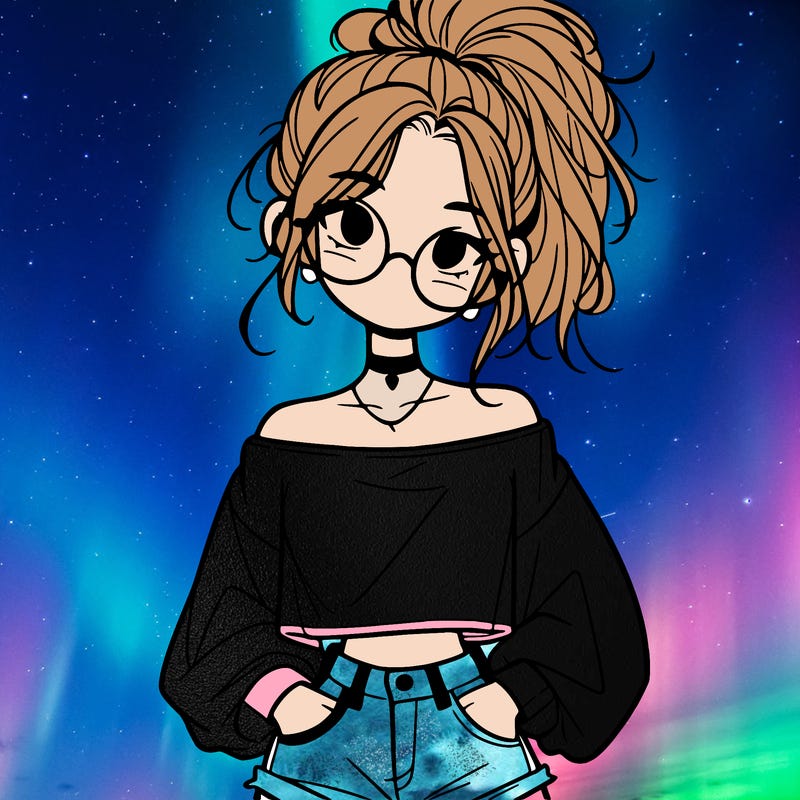 girl with a messy ponytail glasses a baggy crop top and jean shorts