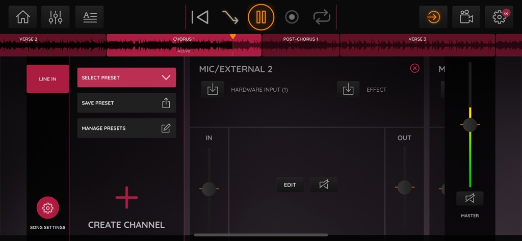 JamFactory - Multitrack Tunes - Audio input and hardware preset settings interface in JamFactory app