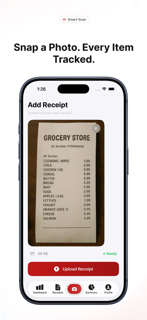 Groceries Tracker AI - A smartphone screen showing the receipt scanning and upload interface of the Groceries Tracker AI app