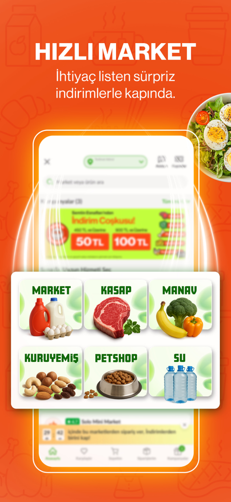 Trendyol Go app screen showing delivery categories for grocery butcher and pet shop