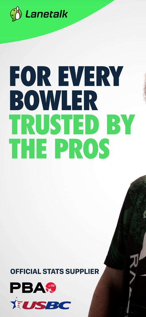 Lanetalk Bowling - Tela promocional do aplicativo Lanetalk Bowling destacando seu status como fornecedor oficial de estatísticas da PBA e USBC.