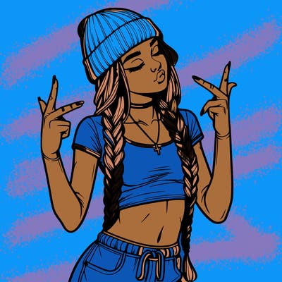 realistic teenage girl with braids and a beanie and crop top doing 🫶🏼