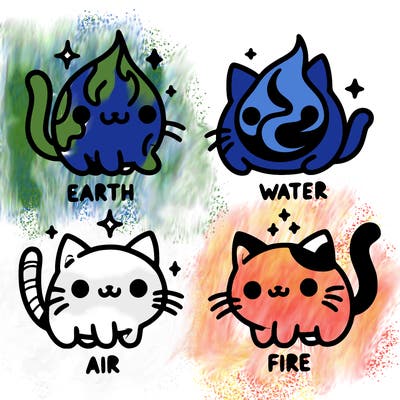 4 cats that represent the different elements, earth, water, air, and fire