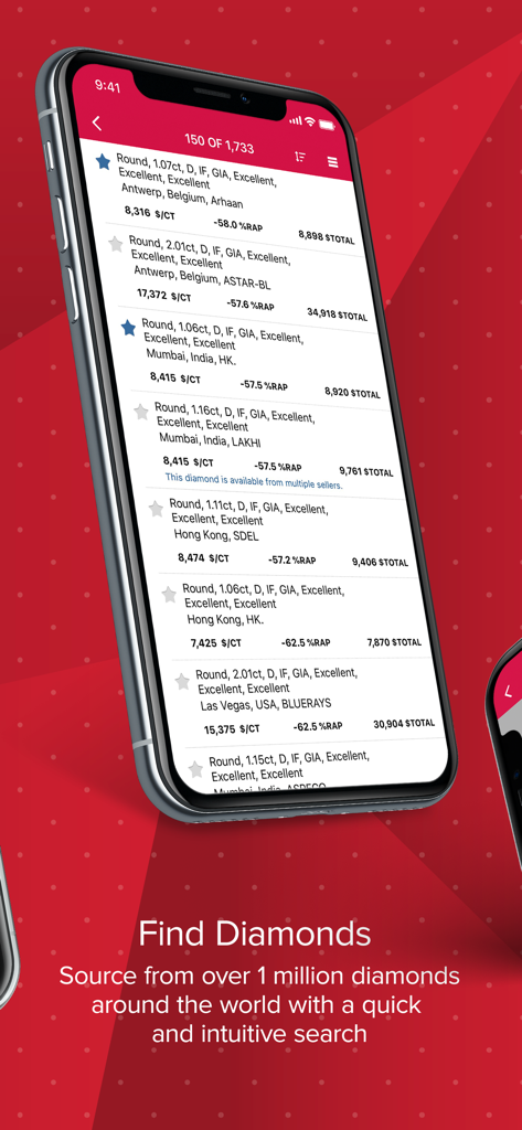 RapNet - The Diamond Market - Smartphone displaying a list of diamonds with specifications and prices on the RapNet B2B trading platform.
