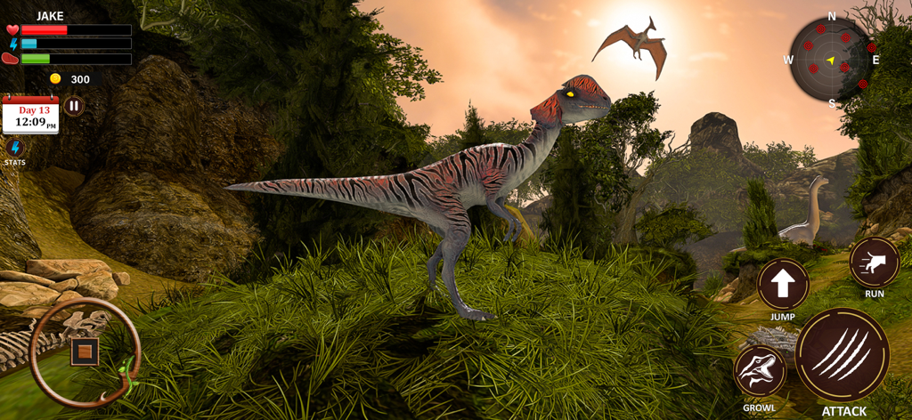 A Dilophosaurus explores a prehistoric jungle environment in the Wild Dinosaur Survival Sim 3D mobile game.
