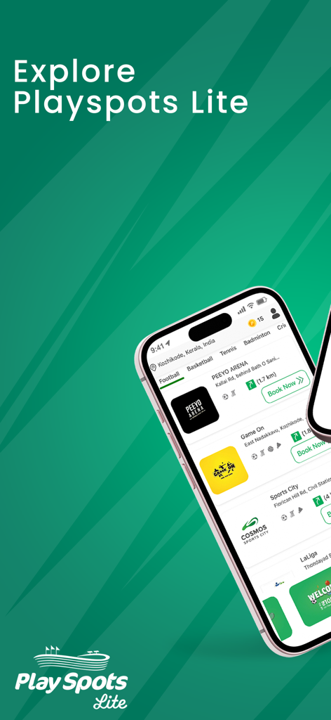 PlaySpots Lite - Smartphone zeigt die Benutzeroberfläche der PlaySpots Lite App mit verschiedenen Sportstättenangeboten und Buchungs-Buttons.