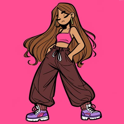 girl in baggy pants crop top and long hair