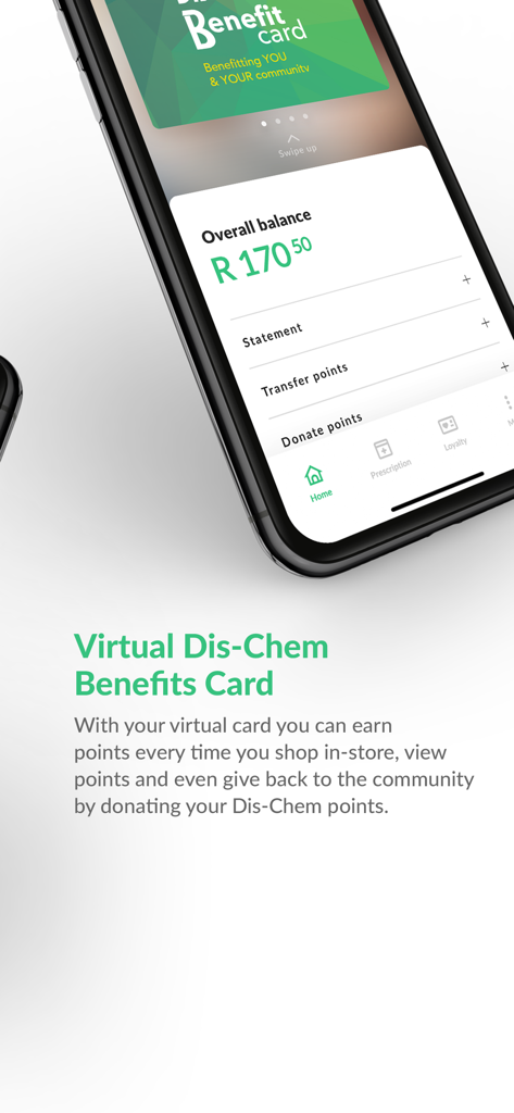 Smartphone screen showing the virtual Dis-Chem Benefits Card and reward points balance.