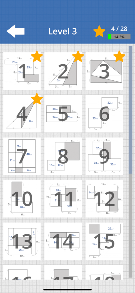 Area Quiz : Geometry Problems - Level selection screen showing a grid of geometry area puzzles with solved levels marked with stars