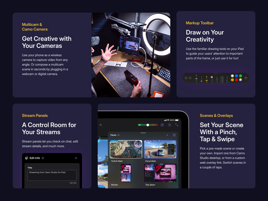 Camo Studio app interface showcasing multicam support stream panels and scene overlays