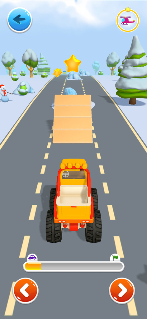 Leo the Truck driving on a snowy racing track towards a wooden ramp
