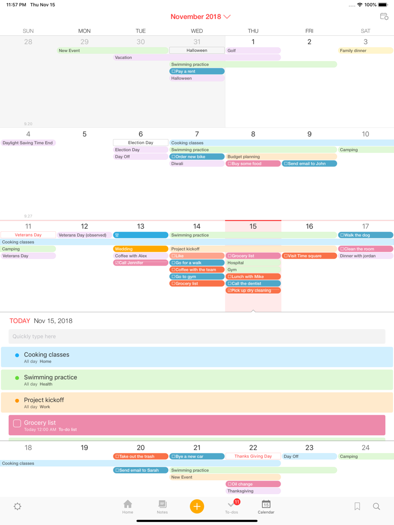 Colorful monthly calendar and daily schedule view in Awesome Note 2 for iPad