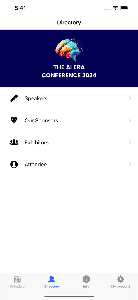 Sched app directory screen showing speakers sponsors and exhibitors for an AI conference