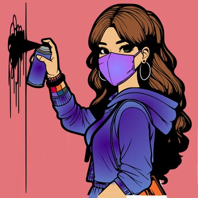 realistic girl with mask spray painting a wall