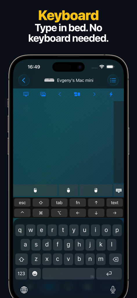 Remote, Mouse & Keyboard - iPhone app screen showing a virtual keyboard interface used to remotely control a Mac mini computer