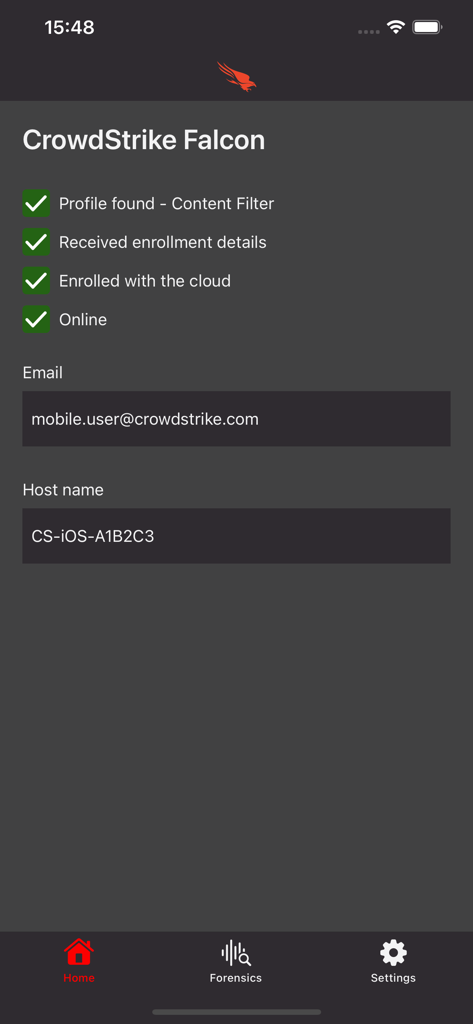 CrowdStrike Falcon home screen showing successful device enrollment and online status with green checkmarks