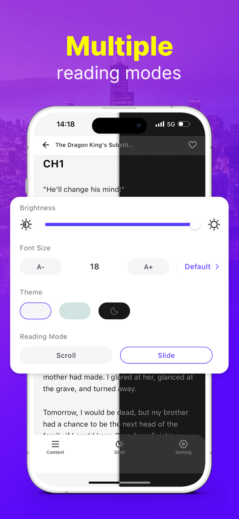 Readink – Stories & Books - Readink app interface showing customizable reading modes, font size, and dark mode theme options.