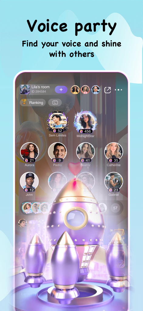 Eine Gruppen-Sprachchat-Raumoberfläche in der Lado-App mit Nutzerprofilen und Animationen für Social Gifts
