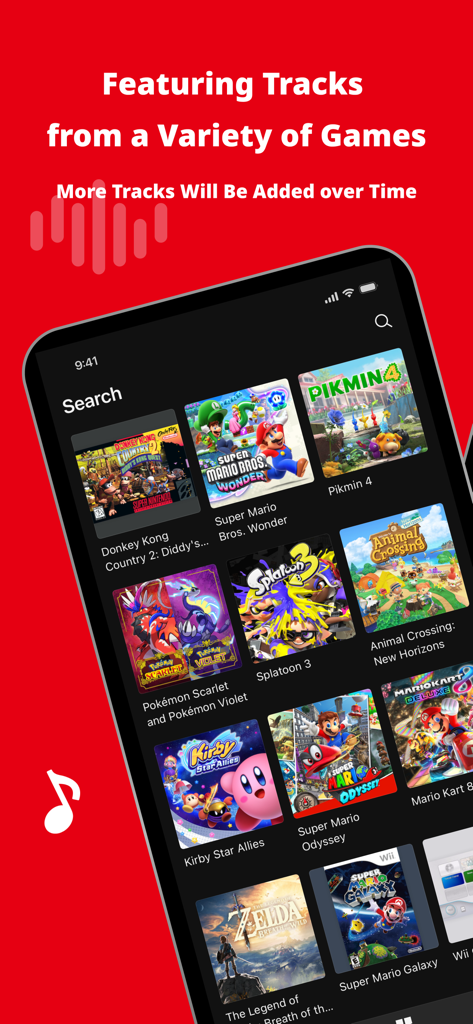Nintendo Music app interface displaying a search screen with various game soundtracks like Super Mario and Splatoon