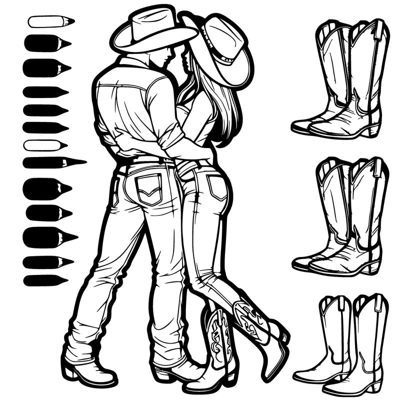 cowboy and his girlfriend in cowboy boots, boot cut jeans, cowboy hat hugging realistic