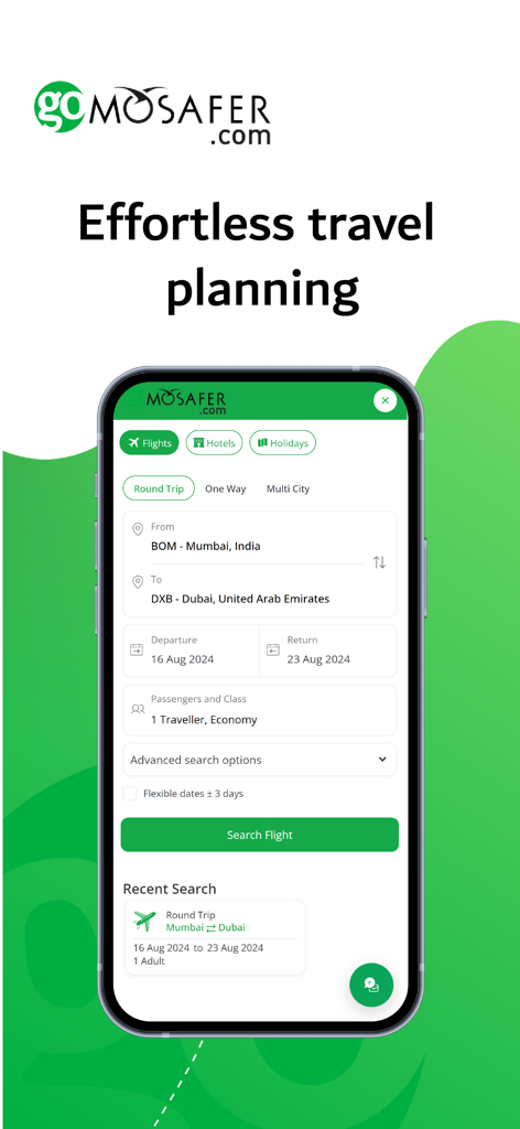 GoMosafer.com - GoMosafer mobile app flight search interface showing a round trip booking from Mumbai to Dubai.