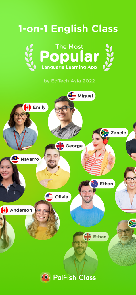 PalFish Class app screen featuring diverse native English teachers for one on one online lessons